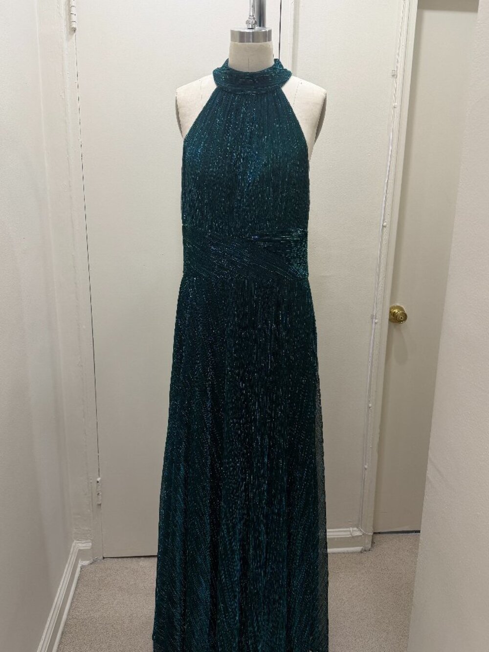 Green Pleated Halter Dress Size 14 – Metallic Teal Formal Evening Maxi